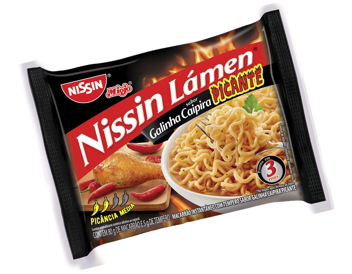 Embalagem oficial Nissin Lámen Galinha Caipira Picante